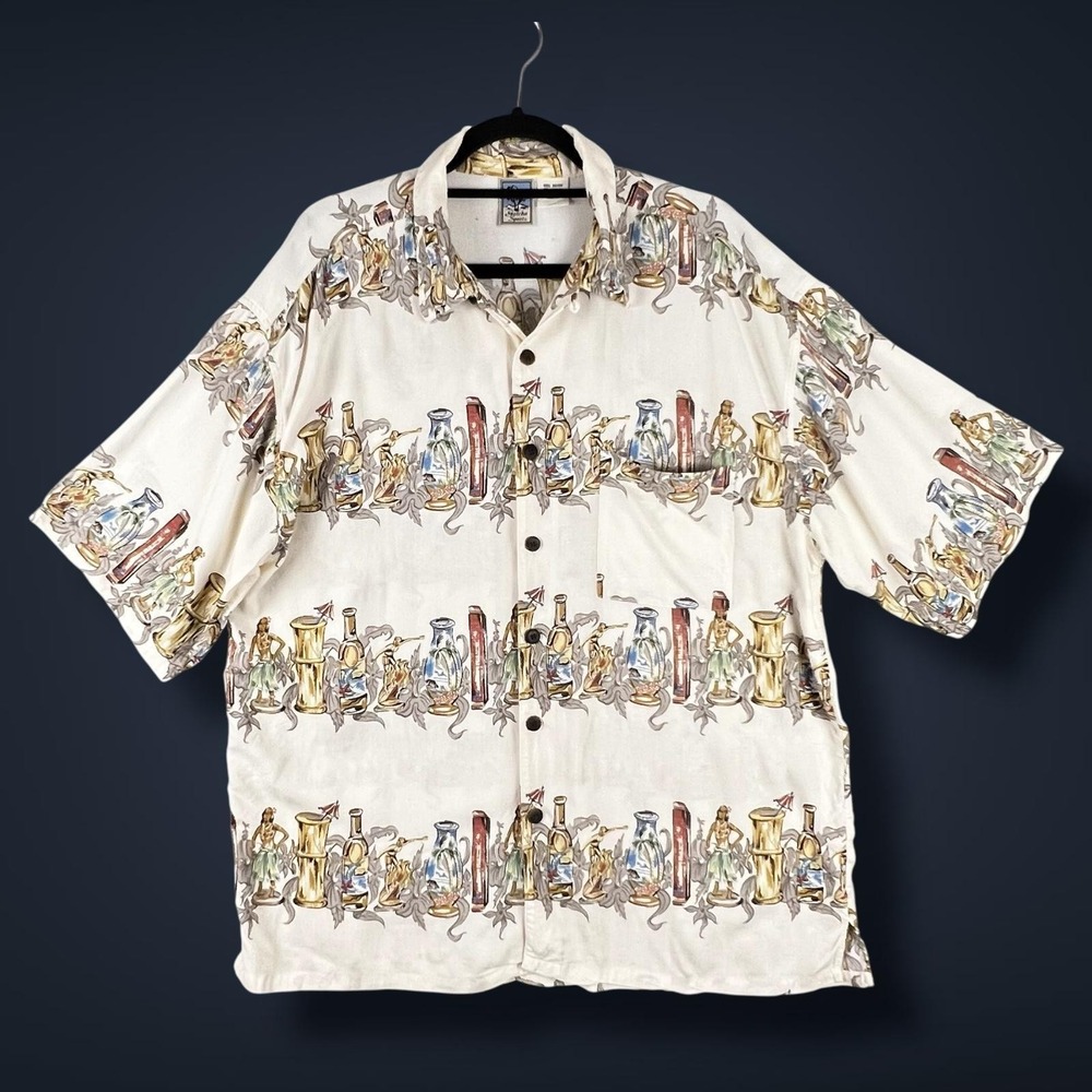 Gotcha Sport Hawaiian Shirt Mens XL Cream Rayon Hula Tiki Bar Drinks Print 90s‎